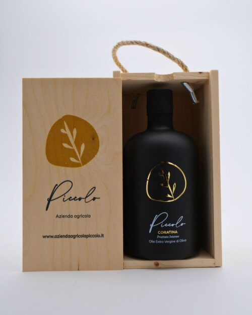 Olio EVO in bottiglia Denver nera e cassetta di legno Fruttato Medio o Intenso - 500ml