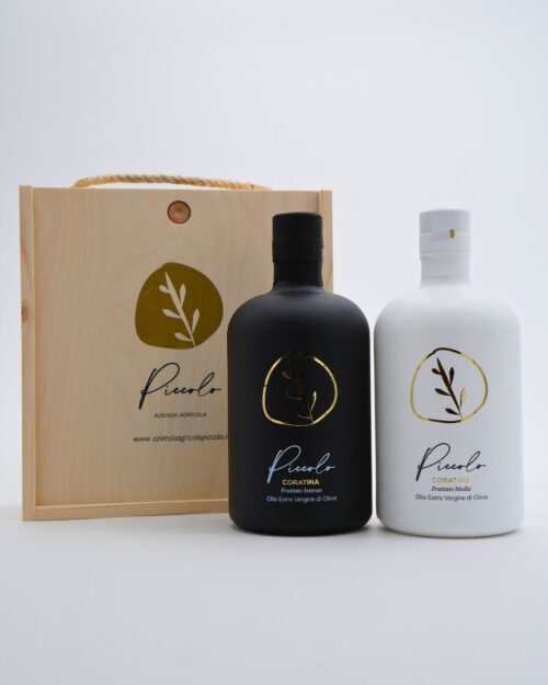 Olio EVO in bottiglie Denver e cassetta di legno Fruttato Medio o Intenso - 500ml